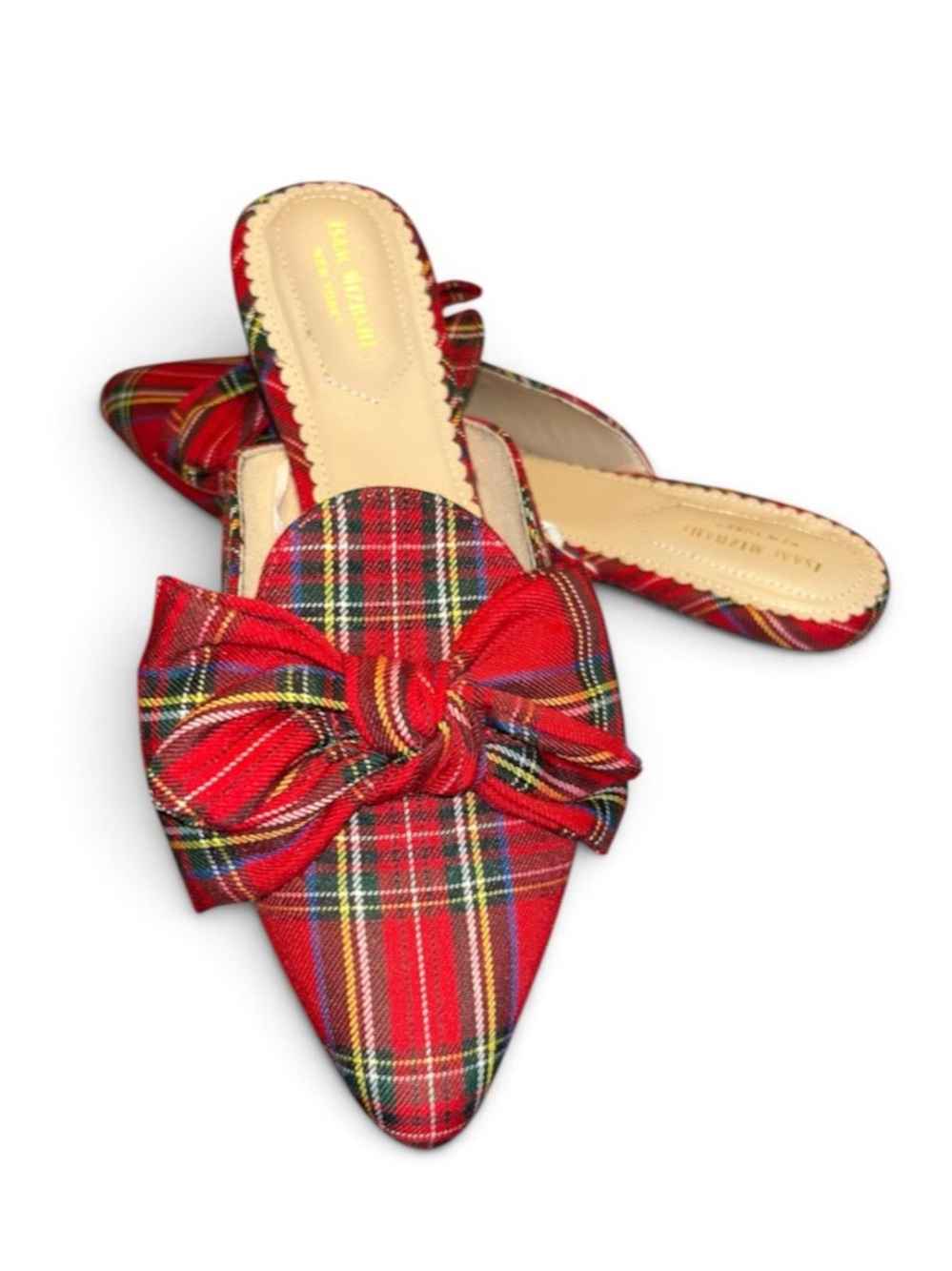 Isaac Mizrahi Red Tartan Plaid Bow Mules Holiday Slides Shoes Size 10